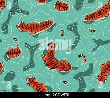 Tigre dans l'eau. Motif sans couture avec tigre flottant, grand tigre mâle marche sur le lac avec un troupeau de tigres, orange tigre bleu eau Illustration de Vecteur