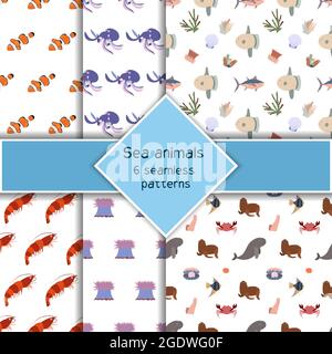 Ensemble composé de six animaux marins sans couture avec crevettes, poulpe, poisson-soleil et thon. Imprimé habitants du monde sous-marin. Collection de vie sous-marine dessinées à la main. Drôle de dessin animé animaux marins personnage pour enfant Illustration de Vecteur