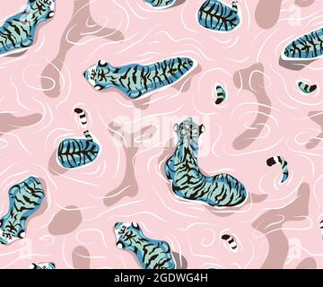Tigre dans l'eau. Motif sans couture avec tigre flottant, grand tigre mâle marche sur le lac avec un troupeau de tigres, bleu pastel et des nuances roses Illustration de Vecteur