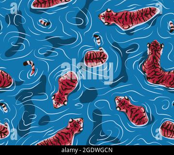 Tigre dans l'eau. Motif sans couture avec tigre flottant, grand tigre mâle marche sur le lac avec un troupeau de tigres. Illustration de Vecteur