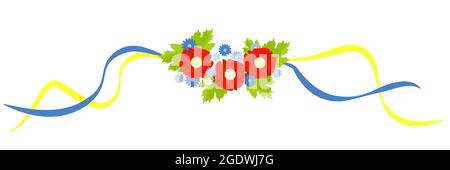 Symbole ukrainien. Couronne florale traditionnelle de coquelicots rouges et de cornflowers avec rubans jaune-bleu. Couleurs du drapeau ukrainien. Illustration vectorielle. Co Illustration de Vecteur