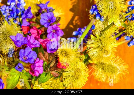 un mélange coloré de fleurs printanières dans un vase contre un arrière-plan de clôture Banque D'Images