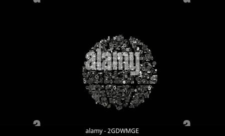 rendu 3d de diverses pièces mécaniques en métal brillant en forme de symbole du globe géographique isolé sur fond noir Banque D'Images