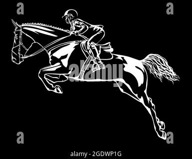 Un cavalier sur un cheval surmonte un obstacle, dessinant en blanc sur fond noir, saut de spectacle, compétitions mondiales, jeux olympiques. Illustration de Vecteur