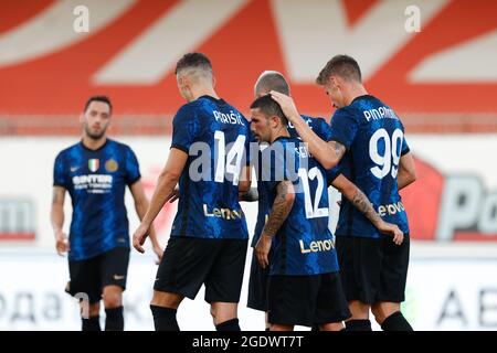 Stefano Sensi (FC Internazionale) célèbre après avoir mis en place le troisième but de la soirée pour le FC Internazionale lors de l'Inter - FC Internazionale vs Dinamo Kiev, match de football amical à Monza (MB), Italie, août 14 2021 Banque D'Images