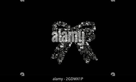 Rendu 3d de diverses pièces mécaniques en métal brillant en forme de symbole de décoration d'arc de Noël isolé sur fond noir Banque D'Images