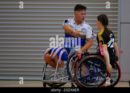 Sheffield, Royaume-Uni. 15 août 2021. English Institute of Sport Sheffield, South Yorkshire, 15 août 2021 Betfred Wheelchair Challenge Cup final Leeds Rhinos vs Argonauts Skeleton Army. Tom Halliwell, de Leeds Rhinos, célèbre son crédit d'essai : Touchlinepics/Alamy Live News Banque D'Images