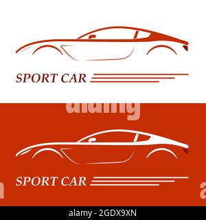 Logo avec silhouette de véhicule coupé sport sur fond orange et blanc. Illustration vectorielle pour votre conception. Illustration de Vecteur