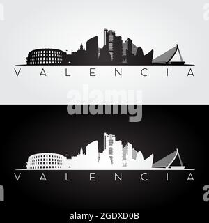 Silhouette des gratte-ciel et des repères de Valence, design noir et blanc, illustration vectorielle. Illustration de Vecteur