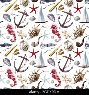 Motif marin sans couture avec illustrations aquarelle des coques Banque D'Images