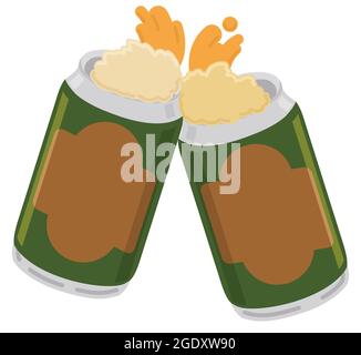 Deux canettes de bière ouvertes avec de la mousse de toaster et de célébrer dans le style plat et les contours. Illustration de Vecteur