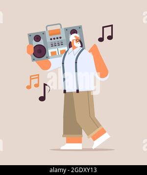 homme senior avec la coupure de basse ghetto blaster enregistreur musique d'écoute grand-père ayant amusant actif vieux concept illustration pleine longueur de vecteur Illustration de Vecteur