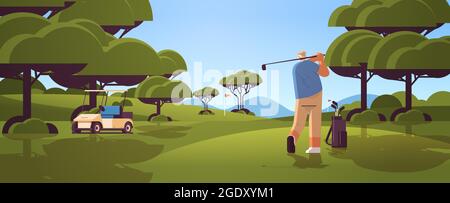 homme senior jouant au golf sur un parcours de golf vert ensoleillé joueur âgé prenant un tir actif vieux concept Illustration de Vecteur