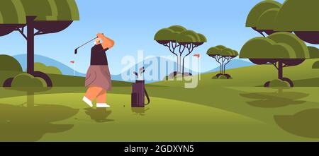 femme senior jouant au golf sur un parcours de golf vert joueur âgé prenant un tir actif vieux concept Illustration de Vecteur