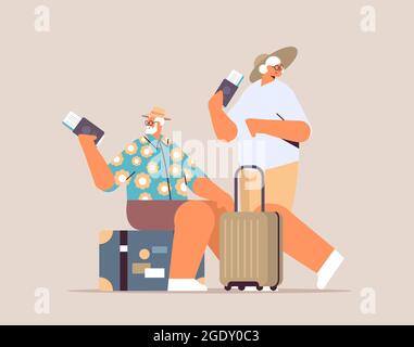 couple de grands-parents de touristes âgés avec bagages portant un passeport et des billets prêts à embarquer à l'aéroport Illustration de Vecteur