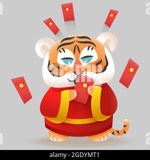 Tigre avec costume chinois traditionnel et enveloppes rouges avec argent célébrer l'année du tigre - illustration vectorielle isolée Illustration de Vecteur