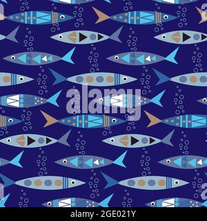 Poisson stylisé multicolore. Motif sans couture sur fond bleu. Illustration de Vecteur
