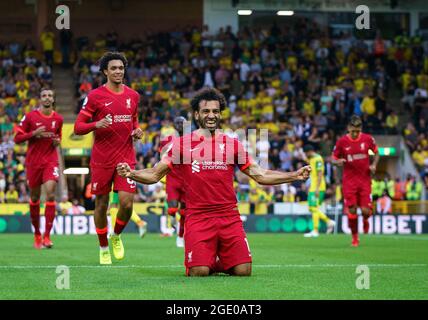 Norwich, Royaume-Uni. 14 août 2021. Mohamed 'ma' Salah de Liverpool célèbre le troisième but de ses équipes lors du match de la Premier League entre Norwich City et Liverpool à Carrow Road, Norwich, Angleterre, le 14 août 2021. Photo d'Andy Rowland. Crédit : Prime Media Images/Alamy Live News Banque D'Images