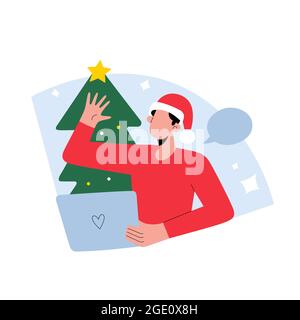 Appel vidéo de Noël, jeune chapeau utilisant un ordinateur portable pour la visioconférence virtuelle célébrant le nouvel an, chat à distance avec la famille, illustration de dessin animé vectoriel Illustration de Vecteur