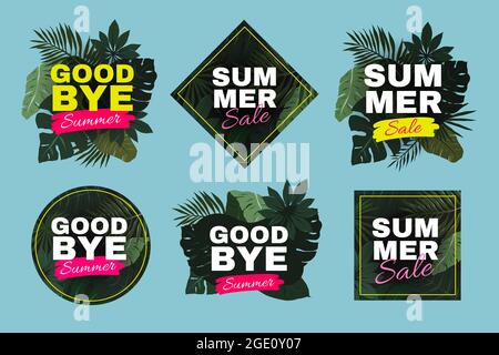 Bannières de vente d'été, prospectus promotionnel avec feuilles tropiques, étiquettes de réduction avec feuillage, affiche d'offre marketing, collection de modèles vectoriels Illustration de Vecteur