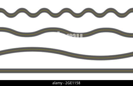 Vider les routes asphaltées droites et sinueuses avec marquage. Ensemble de modèles d'autoroute transparents. Éléments de chaussée de rue isolés sur fond blanc. Vue de dessus. Illustration vectorielle plate. Illustration de Vecteur