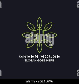 design de logo de maison vert d'art de ligne, contour de la nature logo immobilier de couleur verte, peut être utilisé comme symboles, identité de marque, logo de compagnie, icônes, ou ot Illustration de Vecteur