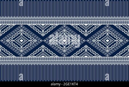 Motif blanc natif ou tribal sans couture sur fond bleu en Symétrie Rhombus géométrique style bohémien pour vêtements ou vêtements, broderie, tissu Illustration de Vecteur