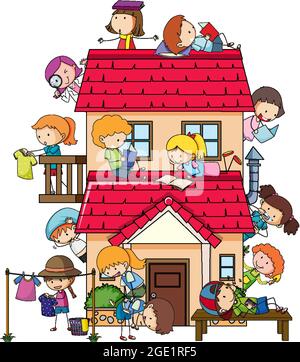 Beaucoup d'enfants faisant différentes activités autour de l'illustration de la maison Illustration de Vecteur