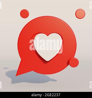 Cœur blanc dans un chat rouge ou une bulle de parole. Panneau de notification de type « aimer » ou « aimer » sur les réseaux sociaux. Illustration du rendu 3D. Banque D'Images