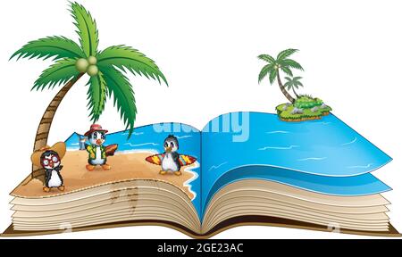 Livre ouvert avec groupe de dessins animés surf pingouin sur la plage Illustration de Vecteur