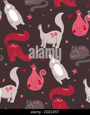 Motif bébé sans couture avec des chats et des fleurs roses gras sur fond marron. Texture avec de jolis chatons. Fond d'écran vectoriel animé avec motif floral. Illustration de Vecteur