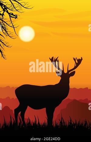Silhouette de cerf sur fond de coucher de soleil. Magnifique coucher de soleil avec silhouette de cerf. Cerf ou renne en forêt. Illustration de Vecteur