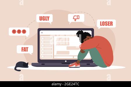 Cyber-intimidation. Triste femme africaine avec ordinateur portable recevant des messages pop up. Concept d'abus en ligne. Adolescent assis sur le sol et pleurant. Vecteur Illustration de Vecteur