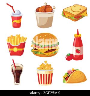 Aliments savoureux ou encas vecteur isolé sur blanc. Boisson fraîche, sauce tomate, hamburger, sandwich, poulet frit, pop-corn et boisson non alcoolisée. Illustration de Vecteur