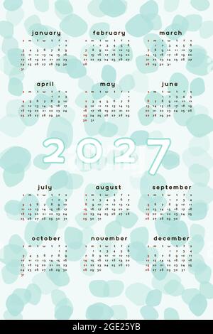 modèle de calendrier 2027. Format vertical bleu sarcelle vert résumé arrière-plan avec tache de tache tracée à la main blob. Conception de calendrier pour l'impression et le numérique. Petit Illustration de Vecteur