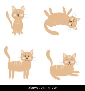 Ensemble de chats dans l'illustration vectorielle de poses différentes. Image PET simple dessinée à la main. L'animal est assis, dort, marche et meurt. Illustration de Vecteur