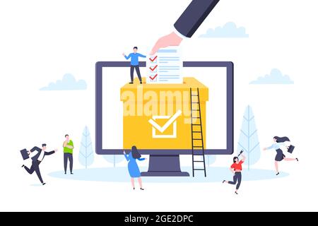 Concept de vote en ligne modèle plat dessin illustration vectorielle. Des personnes minuscules avec sondage de vote en ligne de l'enquête de travail ensemble. Illustration de Vecteur