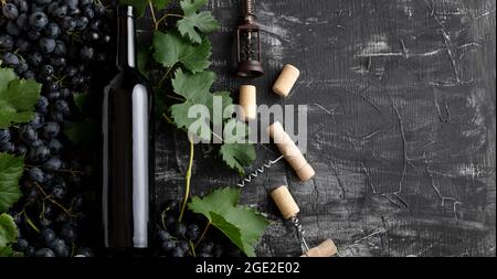 Bouteille de vin rouge bonbonne de raisin avec feuilles et vignes sur fond de béton rustique foncé. Flat Lay composition de vin rouge bouteille de vin sur noir Banque D'Images