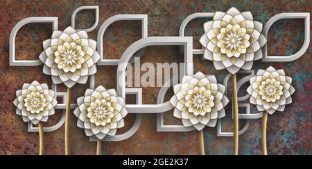 Fond d'écran 3D, rendu de haute qualité illustration de fond d'écran mural décoratif, fond d'écran 3D Golden Flower Living. Banque D'Images