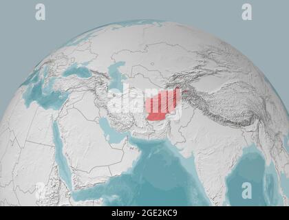 Carte de l'Afghanistan sur une planisphère, des reliefs de montagne et une bathymétrie de mer. Frontières physiques de la nation, vue satellite. Globe Banque D'Images