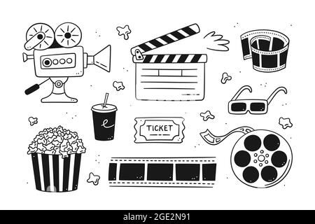 Ensemble de cinéma dessiné à la main avec caméra de cinéma, planche à clapet, bobine de cinéma et ruban adhésif, pop-corn dans une boîte à rayures, billet de film et lunettes 3d. Illustration vectorielle Illustration de Vecteur