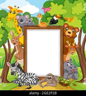 Cadre en bois vide avec divers animaux sauvages dans l'illustration de la forêt Illustration de Vecteur