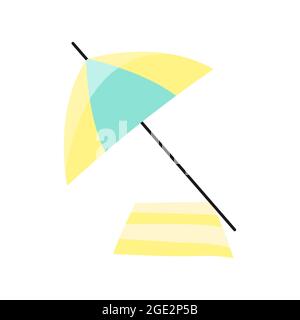Parasol de plage lumineux pour une protection contre le soleil. Serviette rayée pour se détendre à la plage. Objets, éléments, articles traditionnels de l'été. Clipart pour le design de l'hôtel Illustration de Vecteur