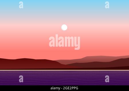 Paysage de lune rouge minimaliste avec océan, collines, plage et ciel. Décor géométrique simple à l'aube. Pleine lune au-dessus du prix. Lever du soleil avec vue sur la mer Illustration de Vecteur