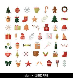 Ensemble vectoriel d'icônes de Noël plates de couleur. Illustrations de la nouvelle année Illustration de Vecteur