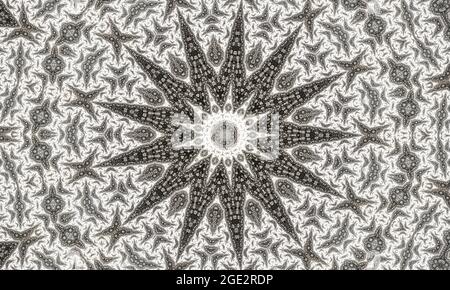 Kaléidoscope à étoiles grises. Géométrie sans couture. Fleur de moquette grise. Kaléidoscope beige enfants. Église de vitraux. Motif de style bohémien gris Banque D'Images