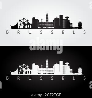 Silhouette d'horizon et de repères de Bruxelles, design noir et blanc, illustration vectorielle. Illustration de Vecteur