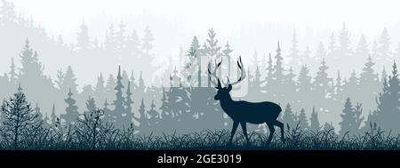 Bannière horizontale de forêt et de prairie, silhouettes d'arbres et d'herbe. Paysage magique et brumeux, brouillard. Illustration bleue et grise. Signet. Illustration de Vecteur