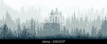 Bannière horizontale de forêt et de prairie, silhouettes d'arbres et d'herbe. Paysage magique et brumeux, brouillard. Illustration bleue et grise. Signet. Illustration de Vecteur