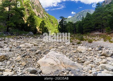 Lit de rivière sec et falaises vertigineuses dans une immense gorge naturelle (Samaria gorge, Crète, Grèce) Banque D'Images